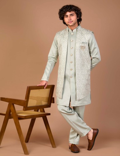 Pista green silk embroidered jacket indowestern set