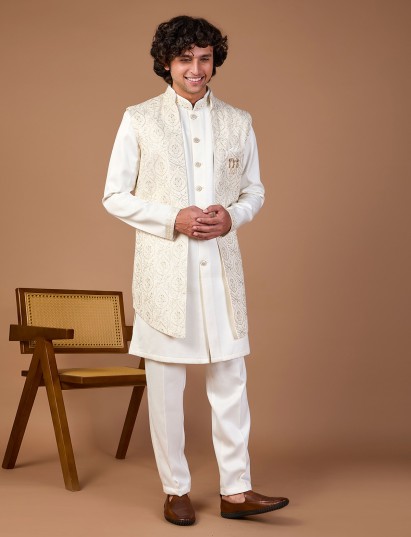Cream silk jacket style indowestern with brooch