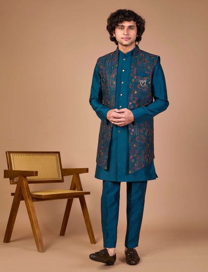 Rama blue silk embroidered jacket indowestern set