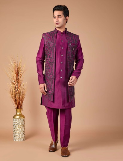 Purple silk jacket style embroidered indowestern set