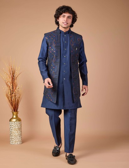 Navy silk jacket style embroidered indowestern set