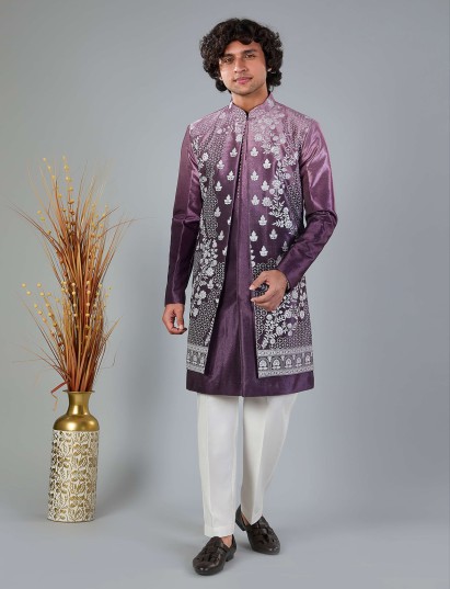 Pastel purple shaded silk indowestern pant set
