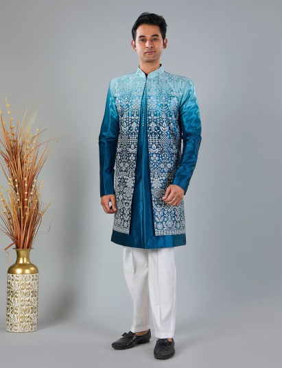 Blue shaded silk thread embroidered indowestern set