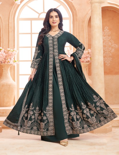 Bottle green pakistani style silk palazzo suit