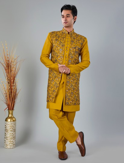 Mustard yellow silk embroidered indowestern pant set