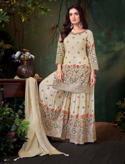 Cream silk pakistani style festive palazzo suit