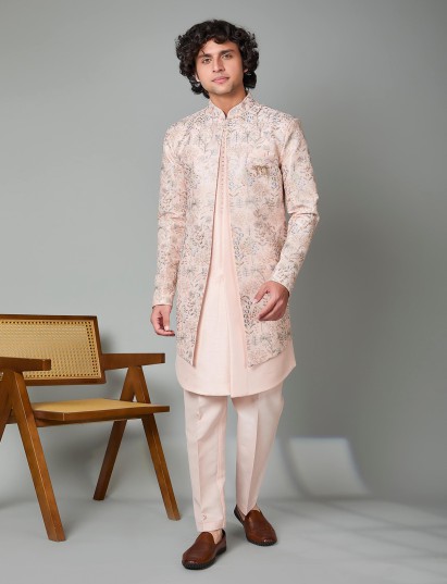 Light pink silk embroidered indowestern with brooch