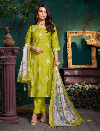 Light green silk straight cut festive pant suit