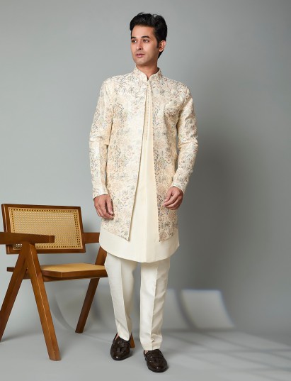 Classic cream silk embroidered indowestern set