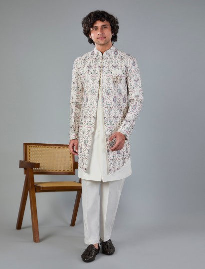 Off white silk jacket style embroidered indowestern set