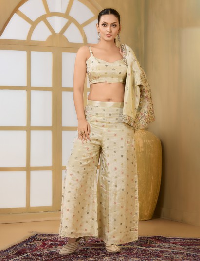 Cream silk jacket style festive palazzo suit