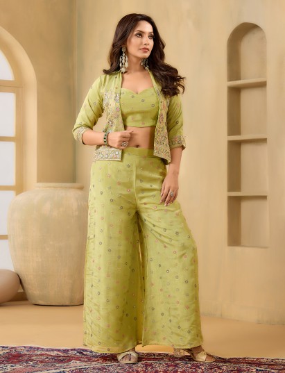 Mehendi green silk jacket style palazzo suit