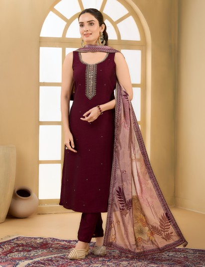 Wine silk straight cut sleeveless salwar suit
