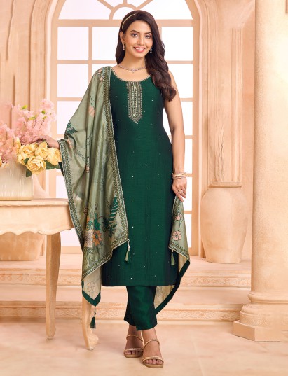 Green silk straight cut sleeveless salwar suit