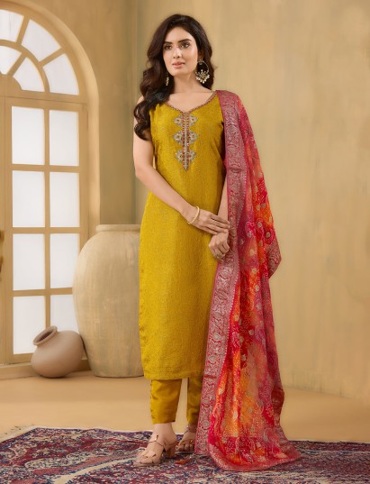Mustard yellow silk festive salwar suit