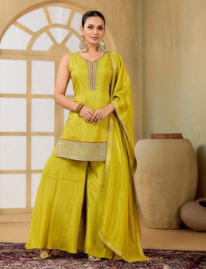 Lemon green punjabi style satin silk palazzo set