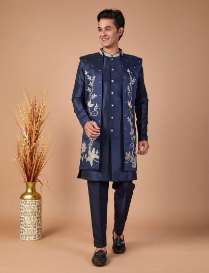Navy silk structured jacket style indowestern set
