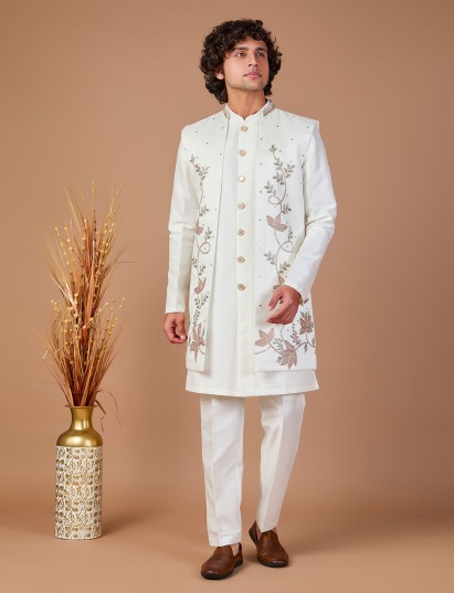 Off white silk jacket style wedding indowestern set