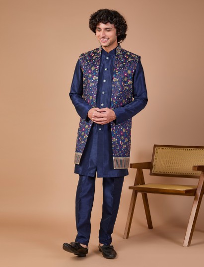 Rich navy silk embroidered indowestern ensemble