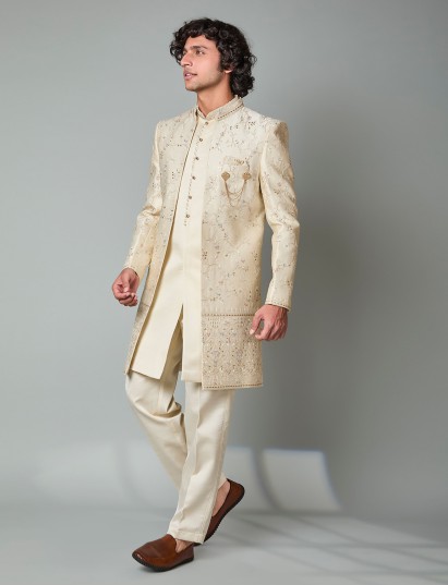 Beige silk embroidered indowestern set