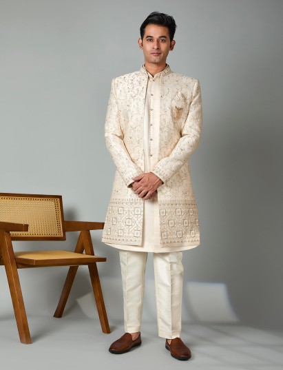 Cream silk classic embroidered indowestern set