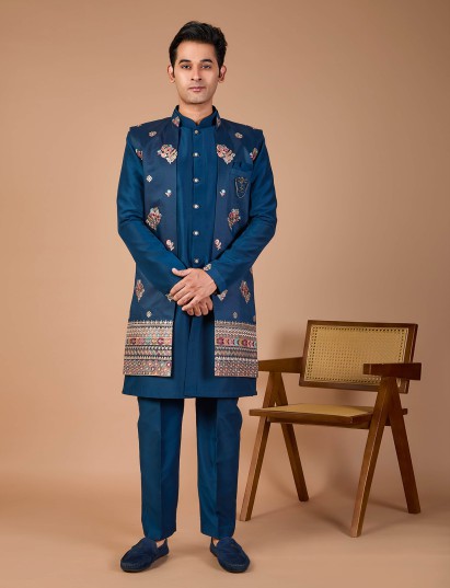 Regal rama blue silk embroidered indowestern set