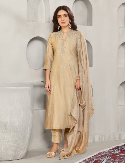 Cream silk stand collar festive salwar suit