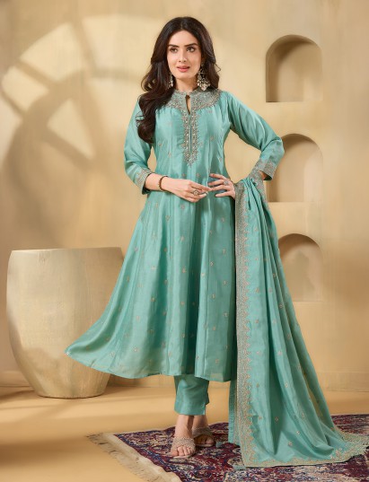 Aqua blue silk stand collar festive salwar suit