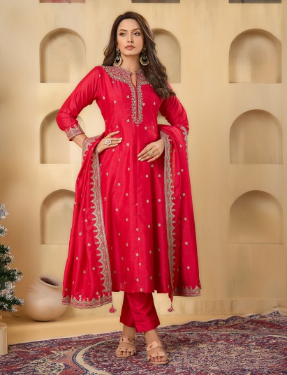 Red silk stand collar wedding salwar suit