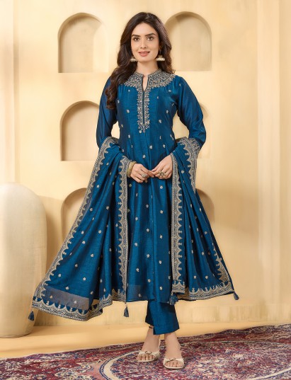 Royal blue silk stand collar festive salwar suit