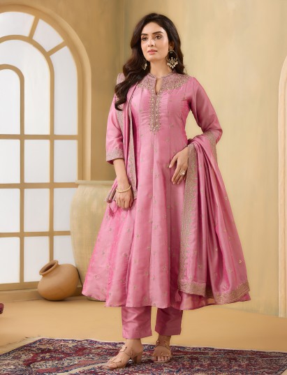 Pink silk stand collar wedding salwar suit