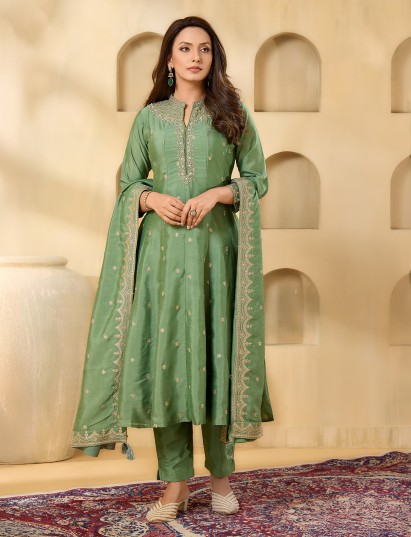 Pista green silk stand collar festive salwar suit