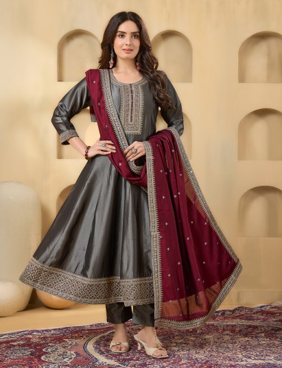 Charcoal grey satin silk festive wear salwar suit