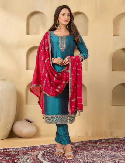 Pastel blue silk straight cut festive wear salwar suit