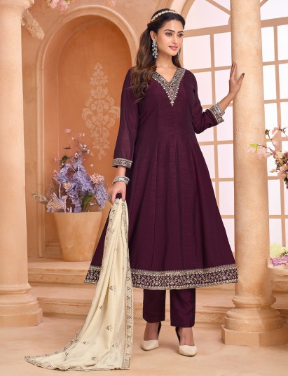 Dark purple silk v neck festive salwar suit