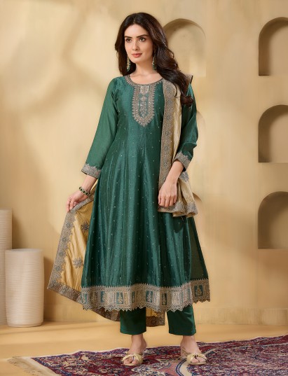 Green pakistani style silk festive salwar suit