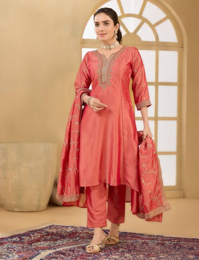 Peach silk embellished festive salwar suit