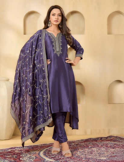 Purple silk embellished festive salwar suit
