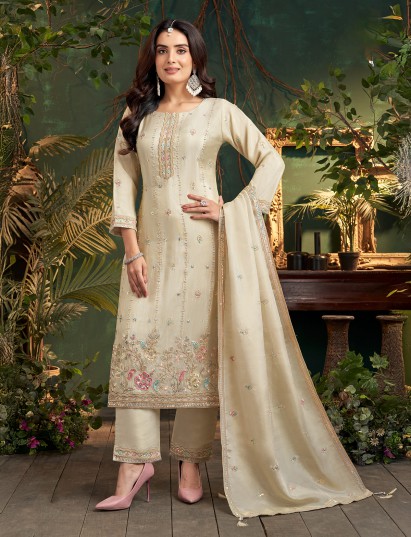 Cream silk straight cut wedding salwar suit