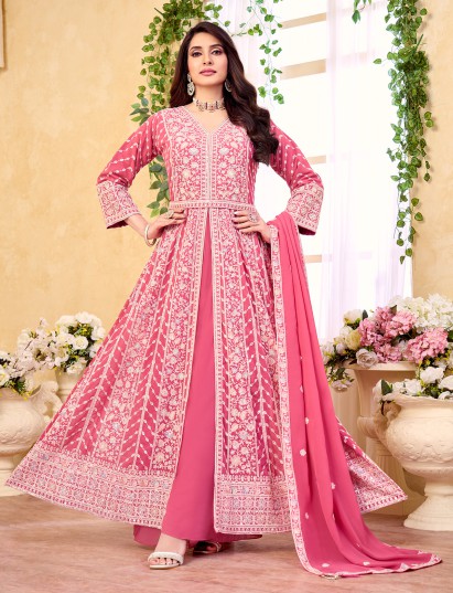 Pink georgette waistbelt palazzo festive suit