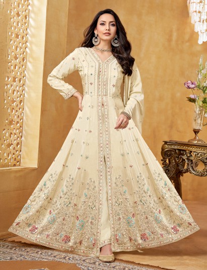 Cream silk v neck palazzo festive suit