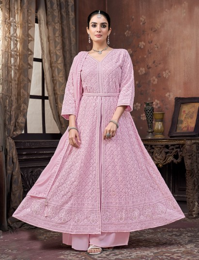 Lilac purple georgette waistbelt palazzo suit