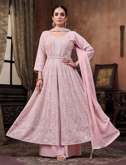 Dusty pink georgette palazzo festive suit