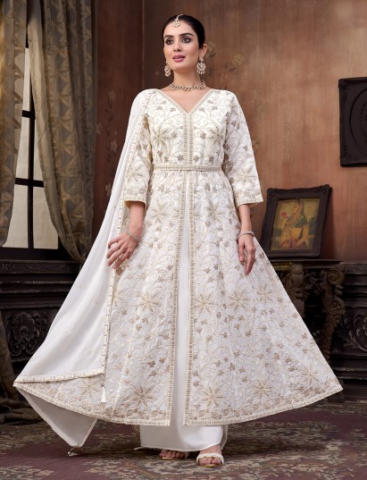 White georgette palazzo suit with waist belt