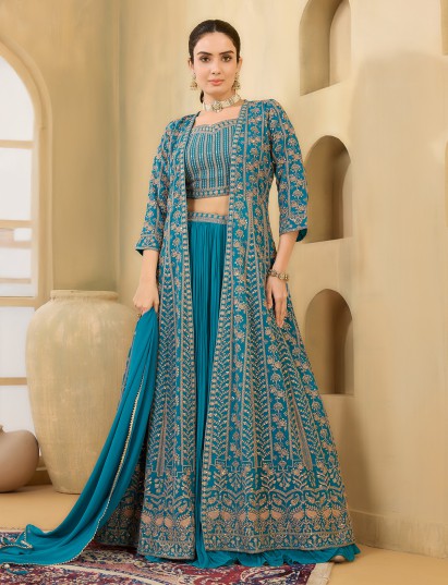 Aqua blue lehenga choli with jacket style