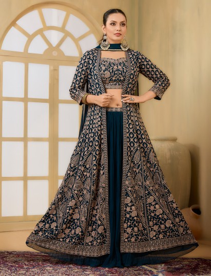 Peacock blue pakistani jacket style lehenga choli