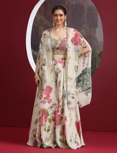 Off white floral jacket style designer palazzo suit