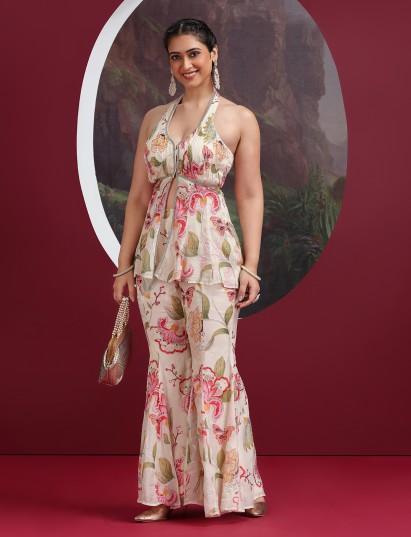 Cream silk printed designer palazzo salwar suit