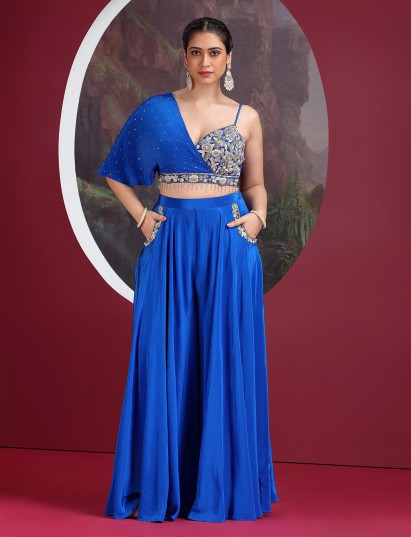 Blue designer satin silk palazzo suit for reception