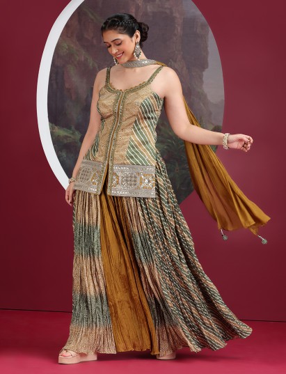 Mehendi yellow bandhej printed palazzo salwar suit